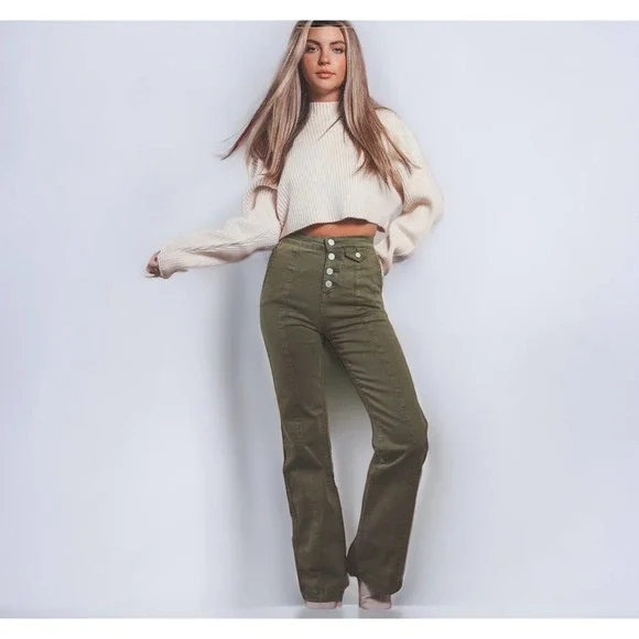 BLANK NYC The Delancey Denim Wide Leg Pants Going Green Size 31 70s Bohemian - Picture 1 of 9